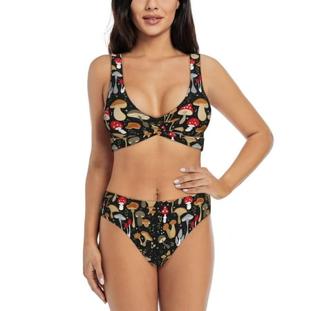 Zeuib Various Mushrooms High Waisted Tummy Control Bikini Set - Knot Front Push Up Top & Cheeky Thong Bottom  Two-Piece Swimsuit for Women-Medium