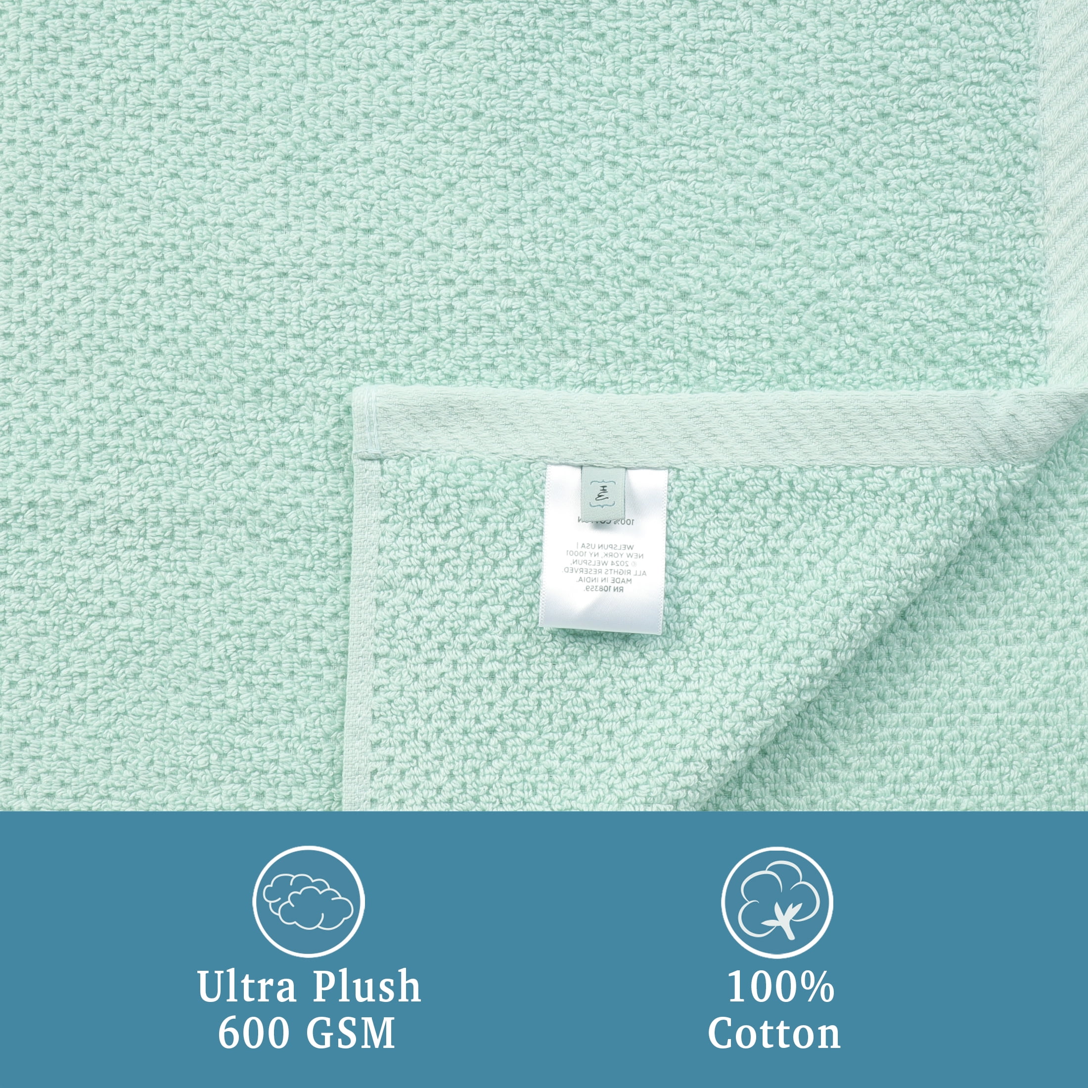 WelHome Premium Performance 6 Piece Towel Set, 100% Cotton, 600 GSM, 2 Soft Bath Towels 30" x 54", 2 Hand Towels, 2 Washcloths, Popcorn Texture, Aqua, Hotel & Spa Thick Towels for Bathroom