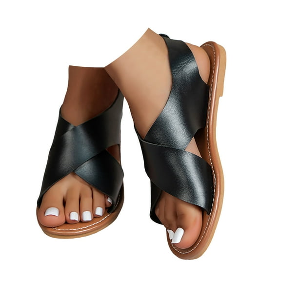 Mepaouo Women's Strappy Sandal Leather Flat Back Buckle Footbed Shoes Open Toe Summer Beach Slides