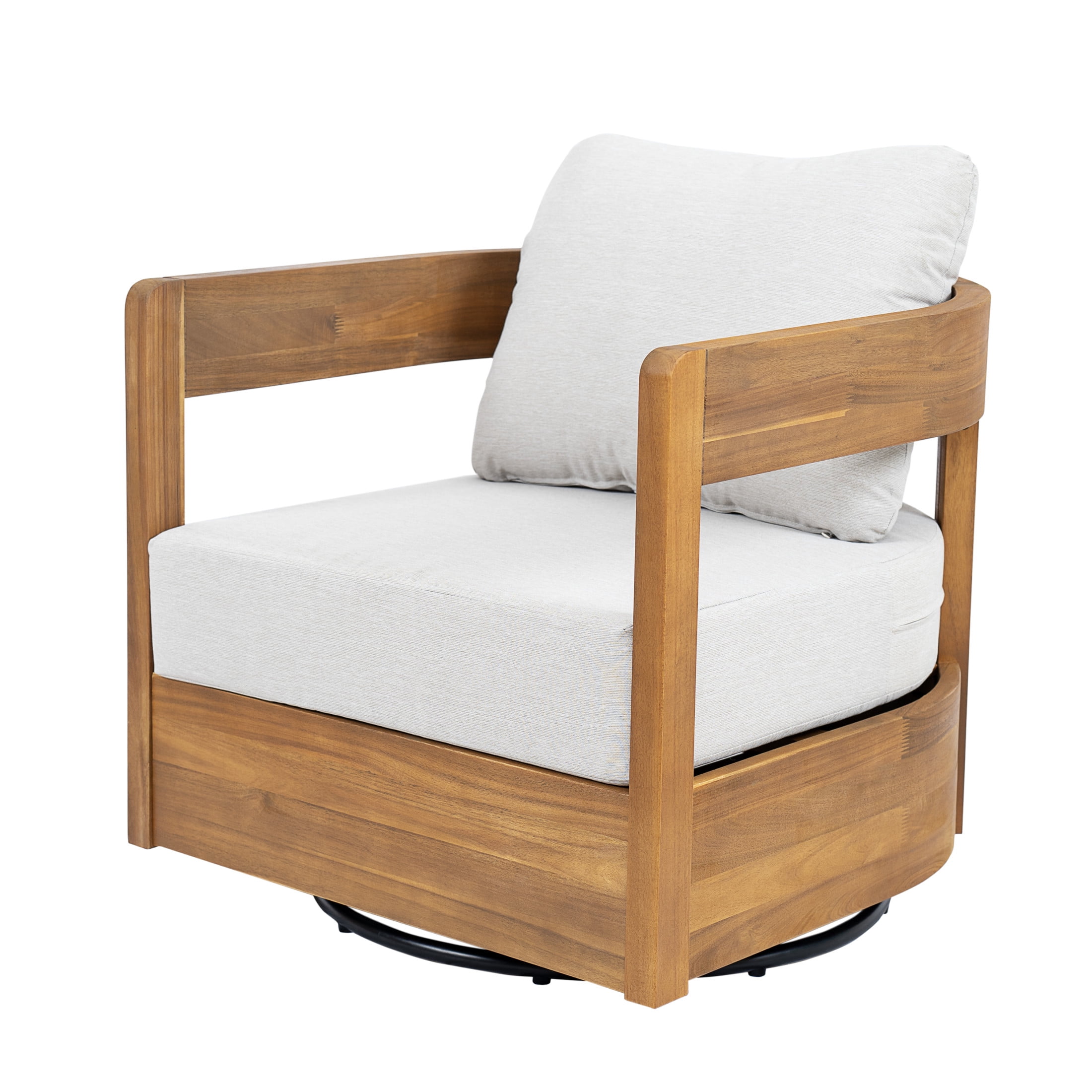 Christopher Knight Home 3-Piece Outdoor Chat Set, Teak Swivel Chairs with Beige Cushions and White Side Table