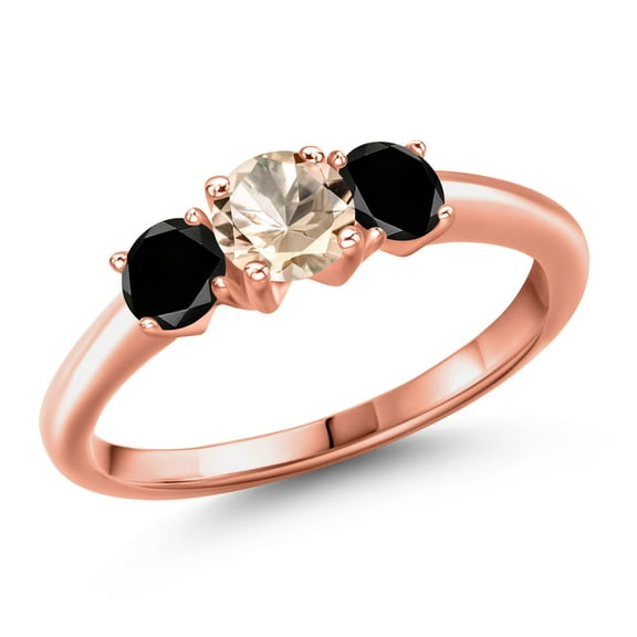 Gem Stone King 18K Rose Gold Plated Silver Peach Morganite and Black Diamond Engagement Ring for Women | 0.94 Cttw | Round 5MM | Gemstone October Birthstone | Size 8