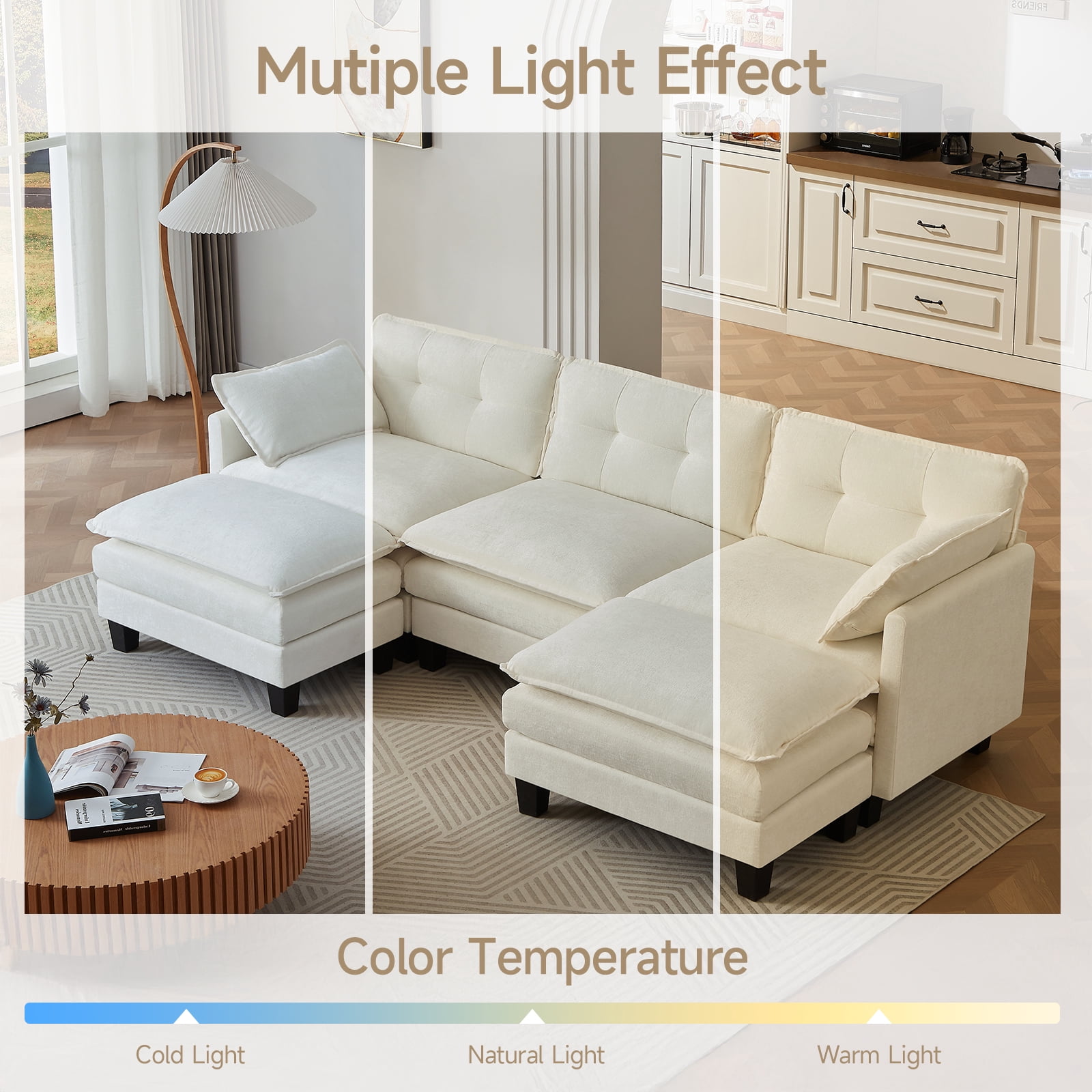 Amsleekey 111.5" Modular Sectional Sofa with 2 Movable Ottomans, U-Shaped Modern Chenille Cloud Couch for Living Room, Comfy Deep Seat Large Daybed, Beige