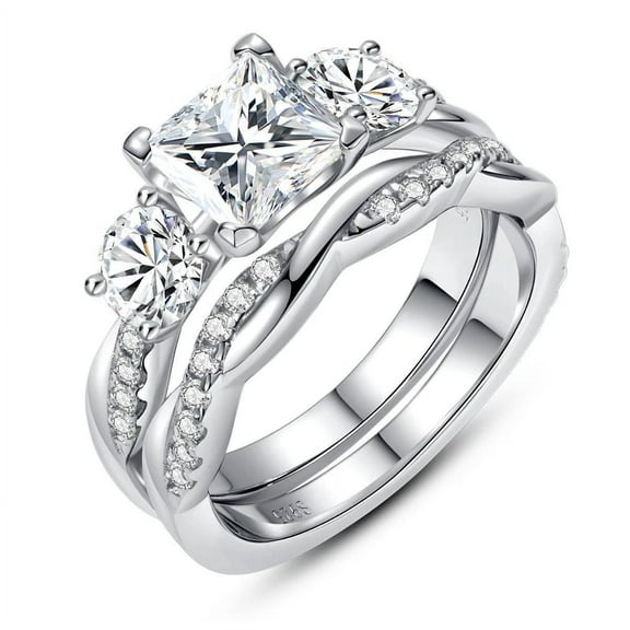 Forever Jewels 3Ct Princess Moissanite Womens Wedding Bridal Ring Set 14K White Gold Plated