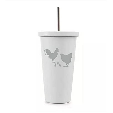 

16 oz Stainless Steel Double Wall Insulated Tumbler Pool Beach Cup Travel Mug With Straw Chicken Family (White)