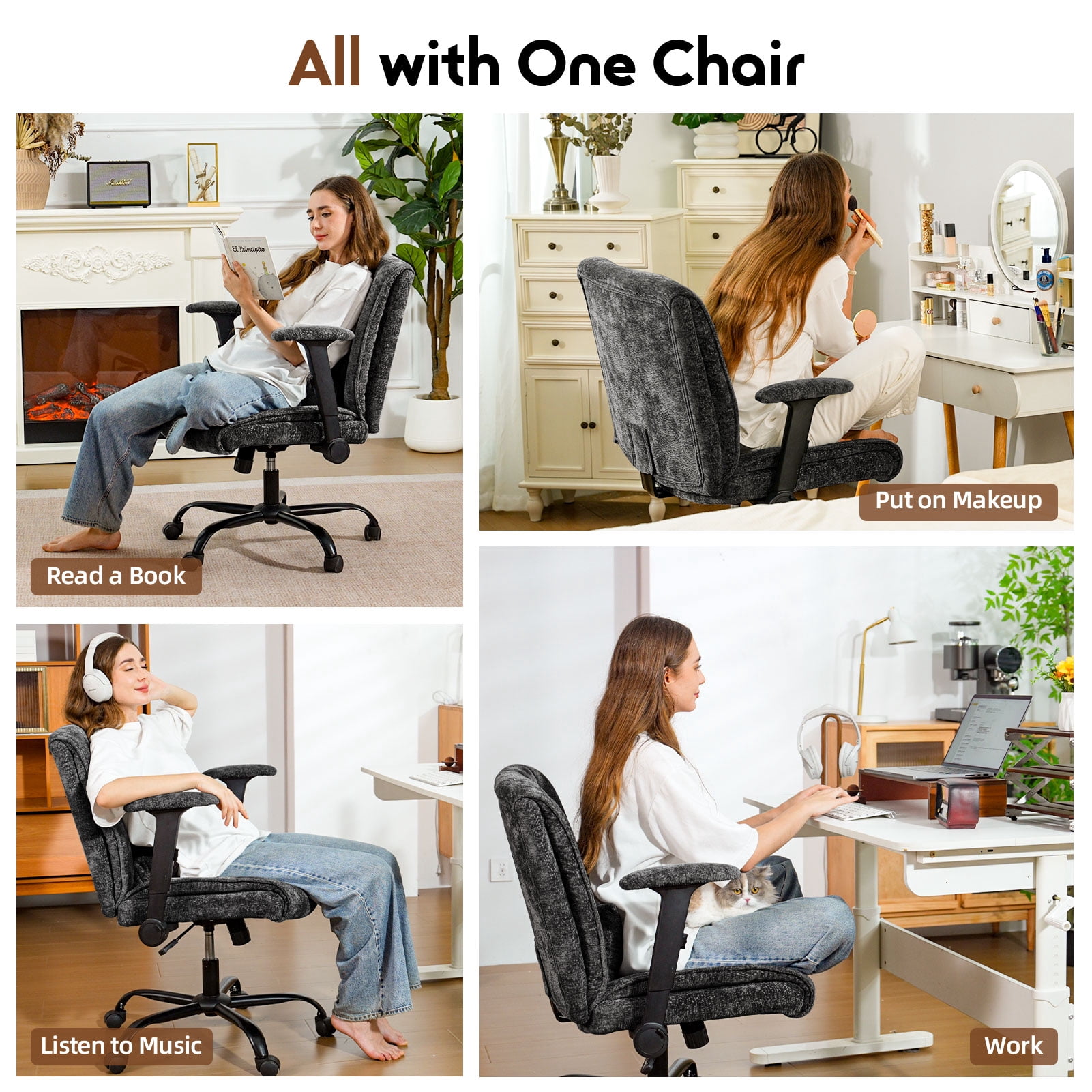 zzw Chenille Home Office Criss Cross Chair with Flip Arms, Lumbar Support and Wheels, Black