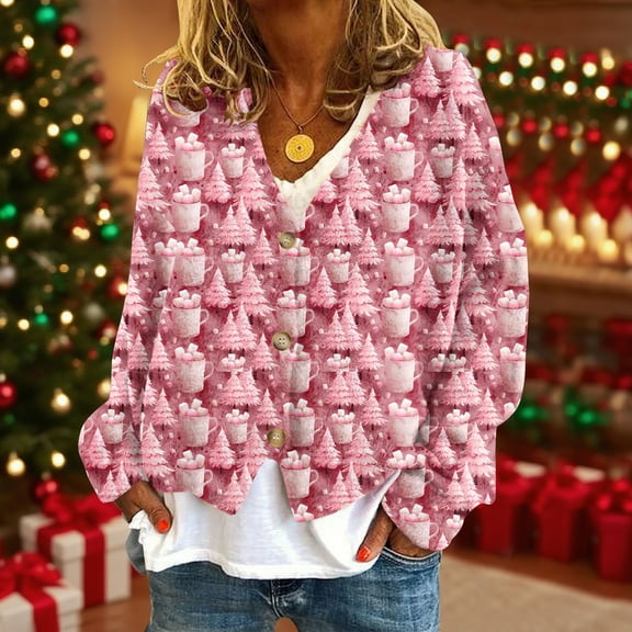 Aboser Womens Flannel Cardigan Sweaters Pink Christmas Holiday Tops Funny Xmas Tree Printed Jackets Warm Button Down Outerwear Soft Long Sleeve Sweater Coats