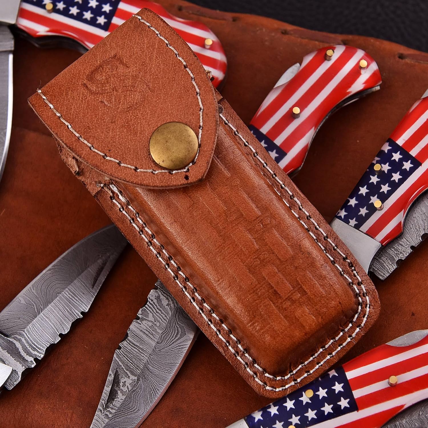 Custom Handmade Damascus Steel Folding Knife/Pocket Knife SS-17515 5 Pcs. Lot (Red and Blue Colored Resin)