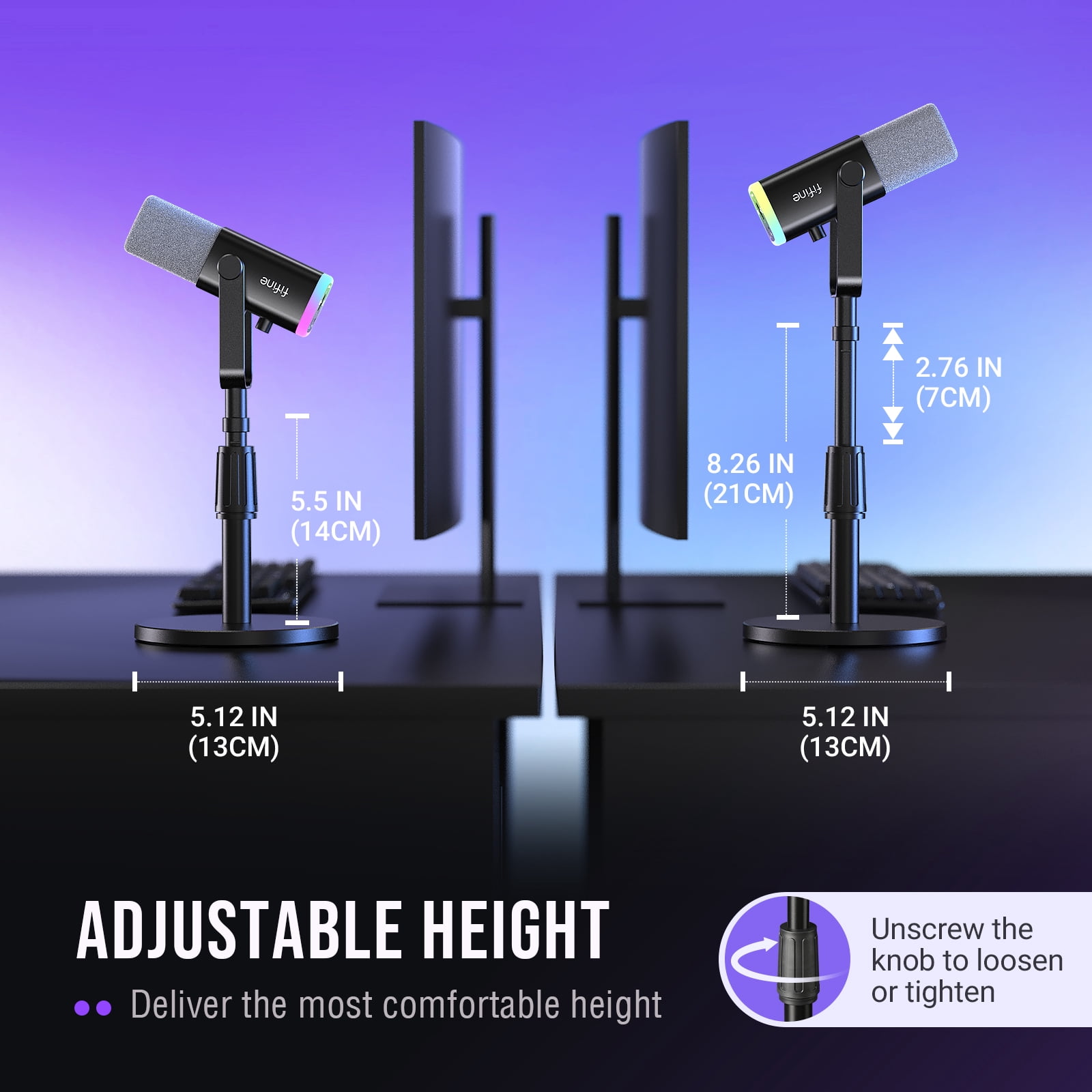 FIFINE Desktop Base Stand for Microphone, Heavy-Duty Adjustable Microphone Stand for 5.5in to 8.26in Heigh, 3/8" to 5/8" Adapter for Gaming Streaming