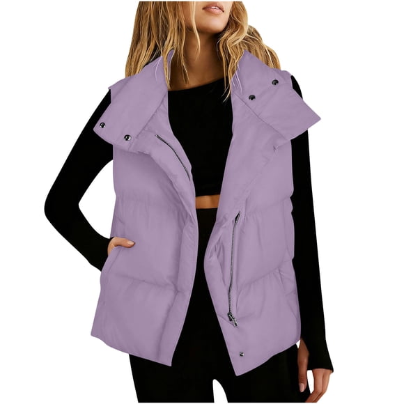 Womens Down Vests Lightweight Sleeveless Lapel Solid Color Puffy Vest Quilted Warm Winter Jackets with Pockets Purple XL