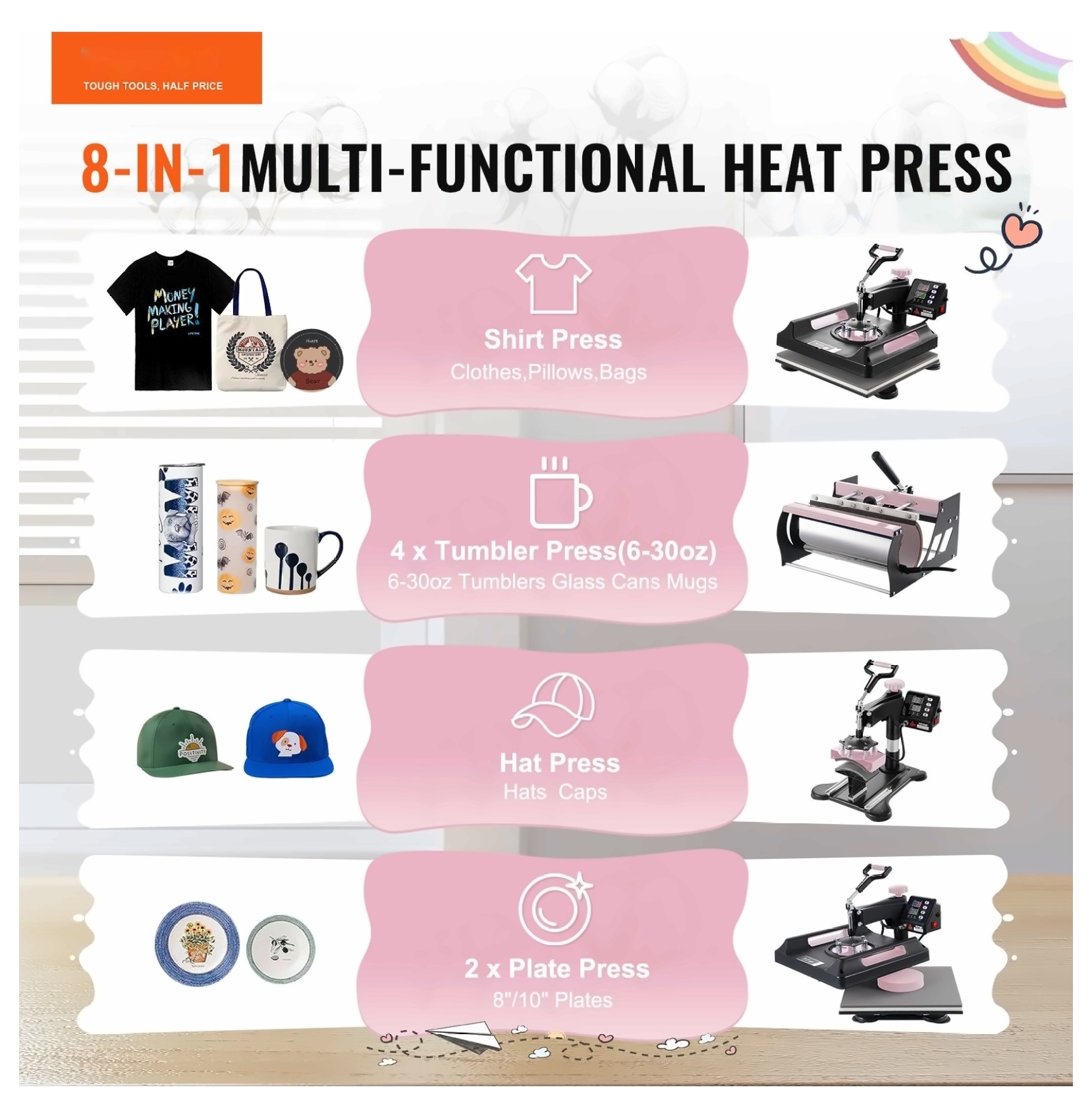8 in 1 Heat Press Machine 15x15", 30oz Tumbler Press for T-Shirts, Hats, Mugs - Versatile DIY Heat Transfer Press