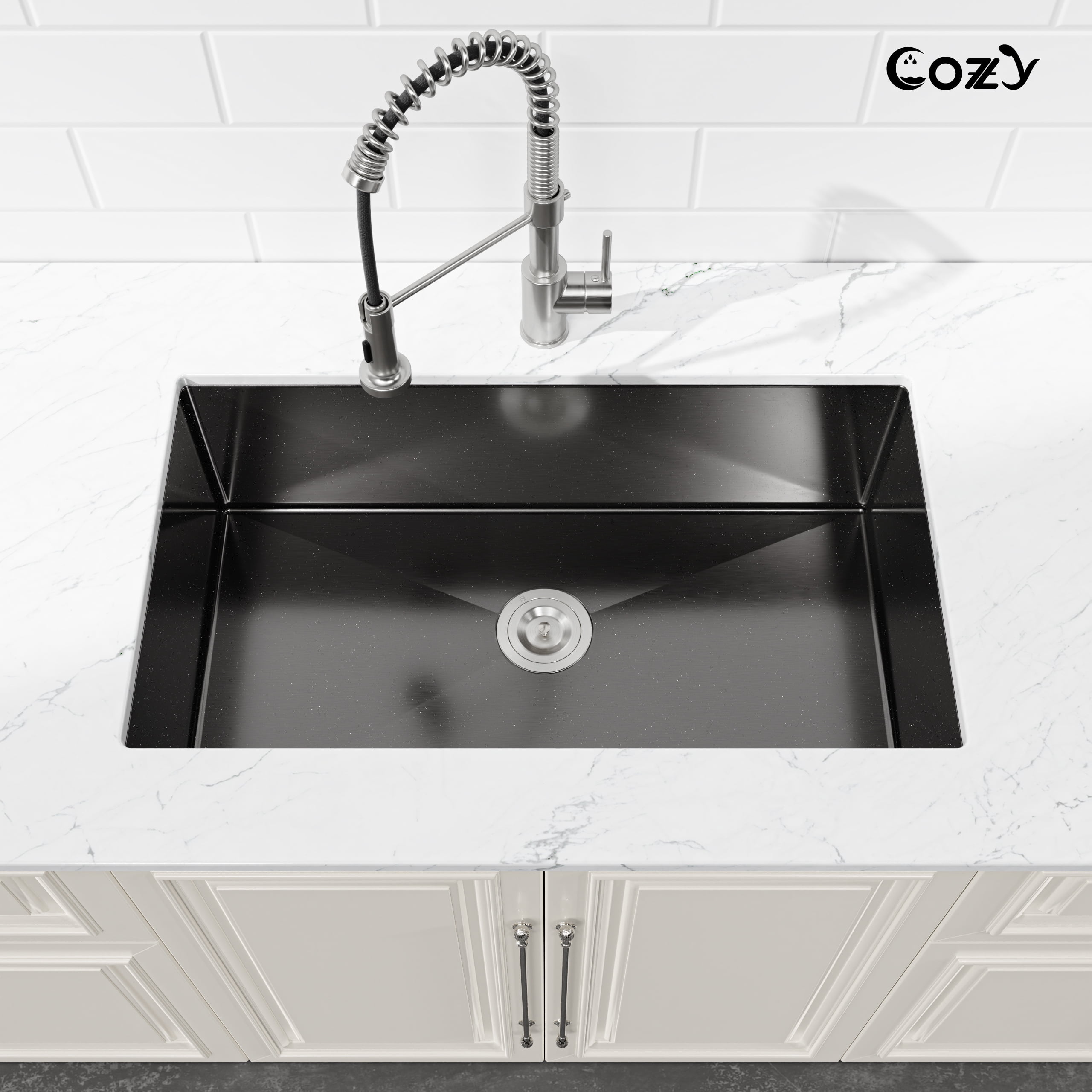 33x19 inch Black Stainless Steel Single Bowl Undermount Kitchen Sink with US Standard Drain and Hook, Model SS-BL04D-331912