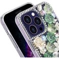 thumbnail image 3 of Compatible with iPhone 15 Pro Max Bling Case Luxury Glitter Rhinestone Diamond Crystal Sparkle Rose Flower Pearl Floral Soft Bumper Protective Case Cover for Women Girls Green, 3 of 12