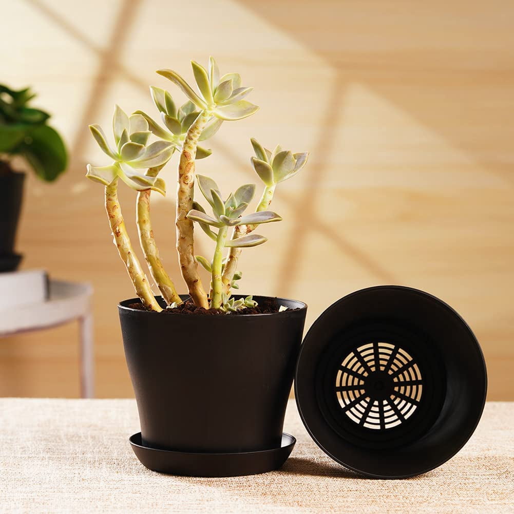 8 Pack 5.5 inch Plastic Planters, Plastic Indoor Planter Flower Pots, Topboutique Stylish 5.5 Inch Plant Pots for Indoor Plants with Drainage Holes and Tray for Plants, Flowers, Black