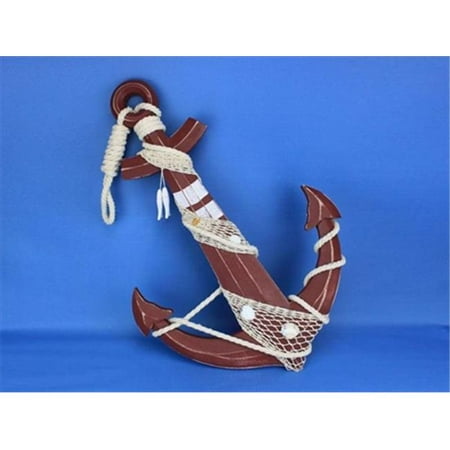 Handcrafted Model Ships Red-Anchor-24 Wooden Rustic Red Anchor With Hook Rope and Shells 24 in. Decorative Accent