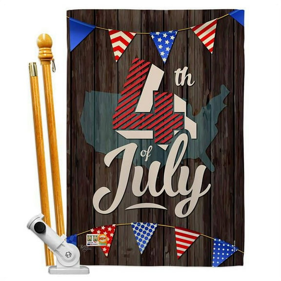 Breeze Decor BD-FJ-HS-111081-IP-BO-D-US17-BD 28 x 40 in. 4th of July Americana Fourth Impressions Decorative Vertical Double Sided House Flag Set with Pole Bracket & Hardware