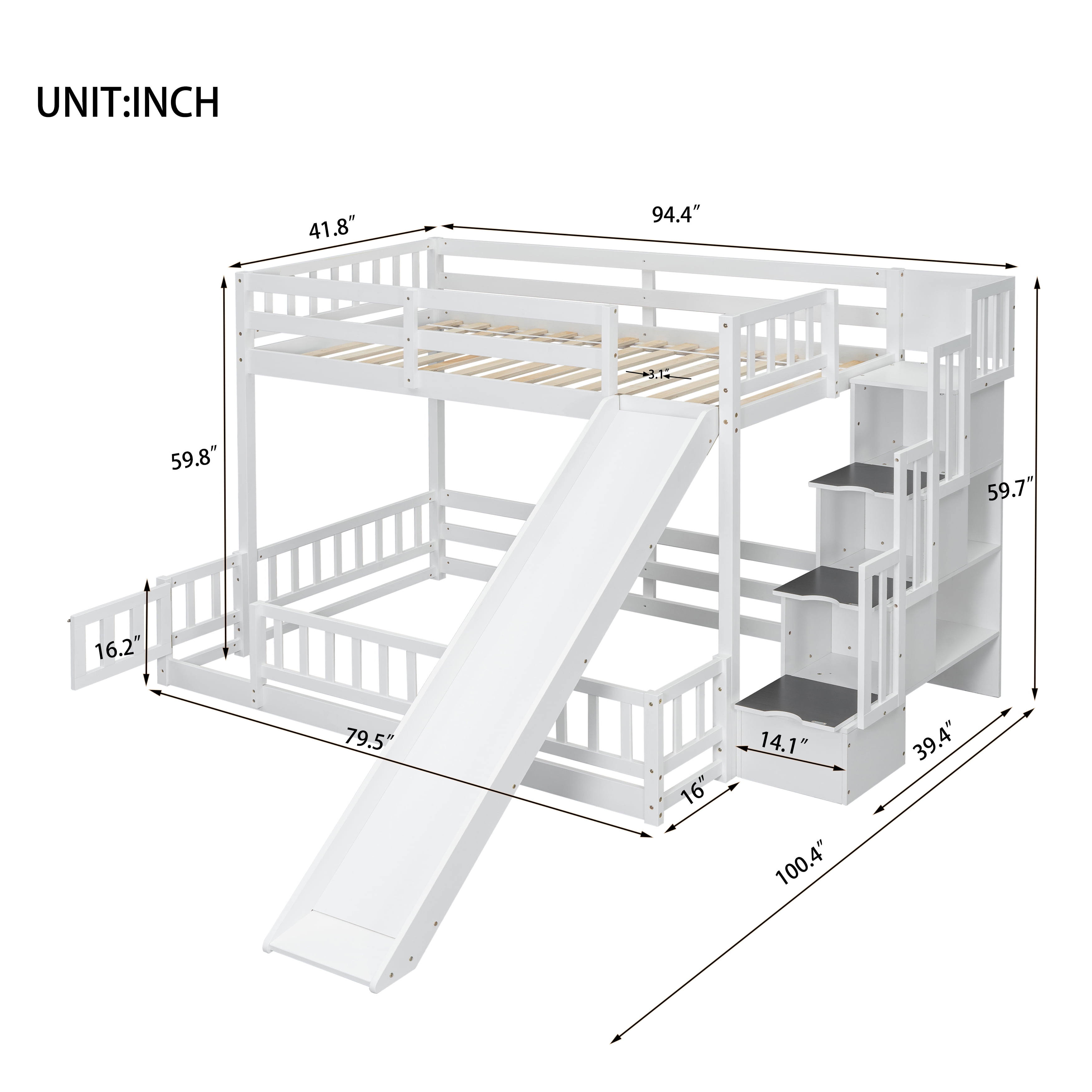 Sailvan Twin Over Full Bunk Bed with Slide, Storage Staircase, Pine Solid Wooden Bunk Bed with Safety Guardrails