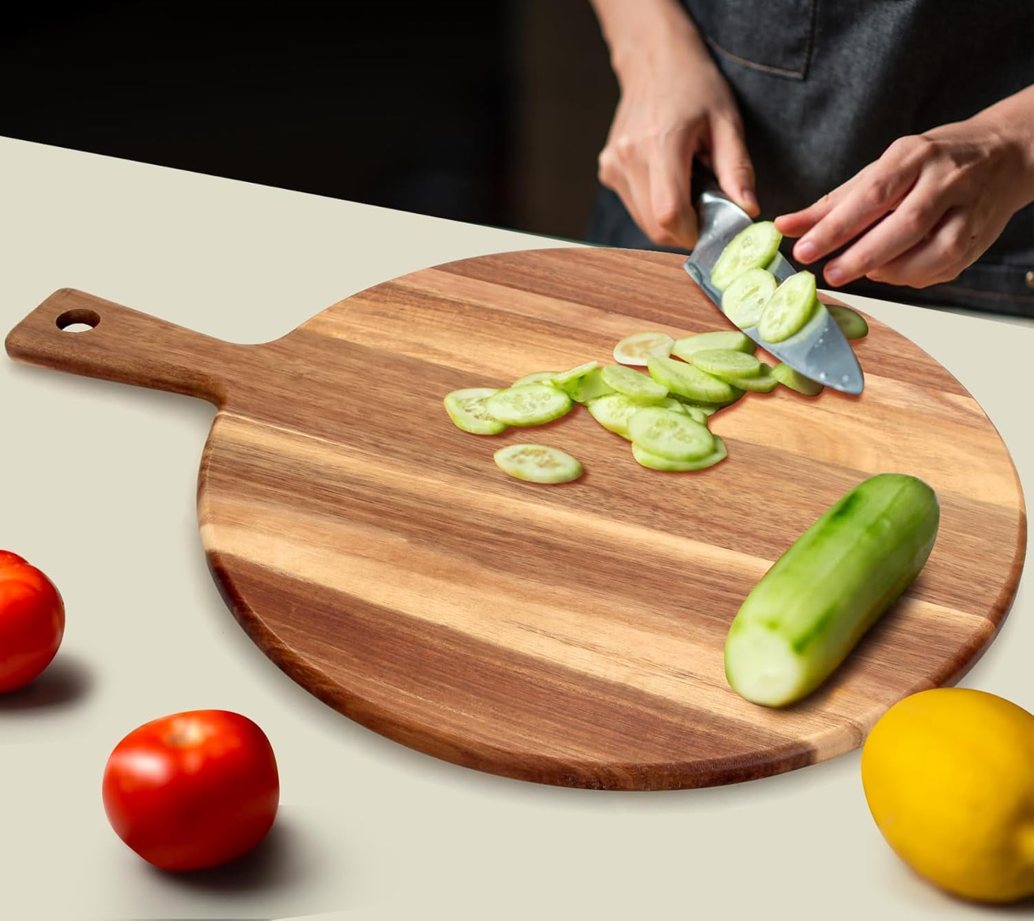 21"x16" XL Round Acacia Wood Cutting Board with Handle, Large Charcuterie Serving Platter for Meat, Cheese, Bread & Pizza