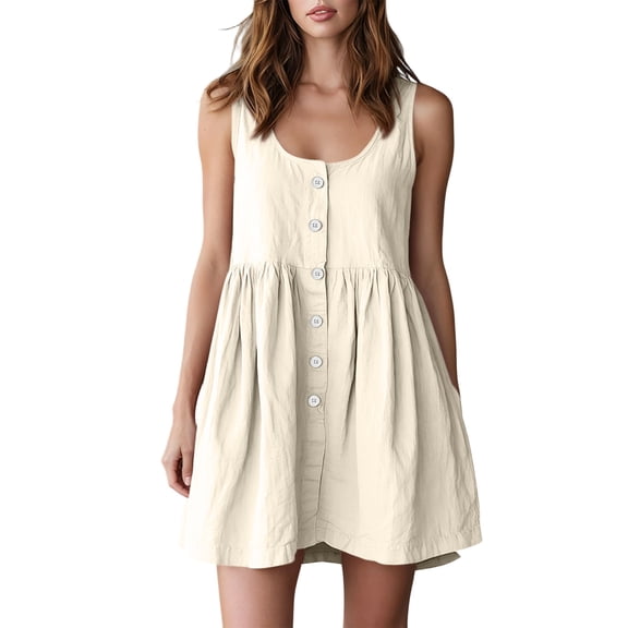 XUNKUSGA Mini Dress Casual Sleeveless Crewneck Button Front Womens Summer Dresses Classic Solid Color Loose Cotton Babydoll Style Sun Dresses Women,Beige,S