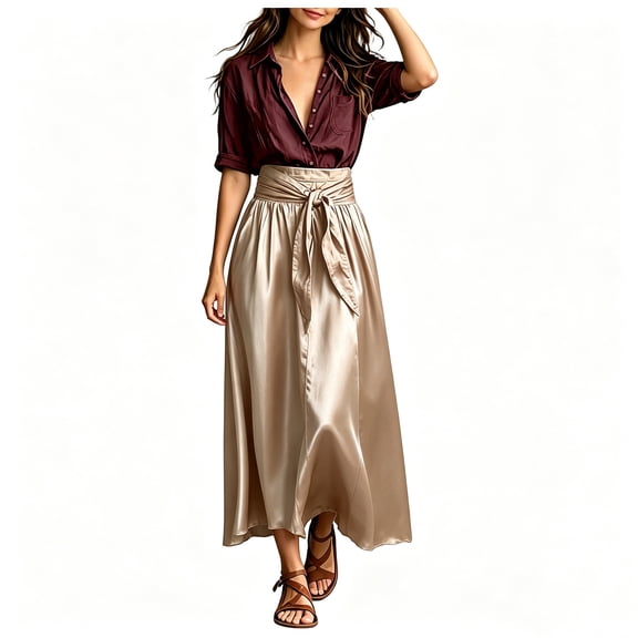 RFQWOVSR Women's Color Block V Neck Blouse Belted A Line Flowy Midi Skirt 2 Piece Set Boho Casual Summer Dress Outfit XL