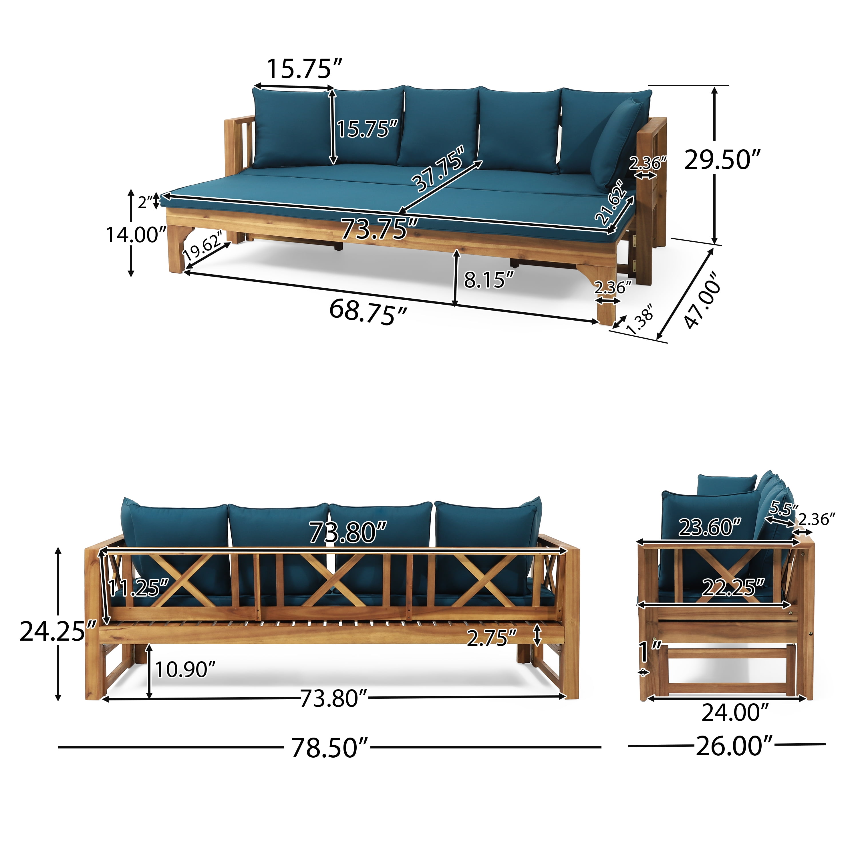 Camille Teal Outdoor GDF Wood Studio Dark Acacia and Extendable Daybed Teak Sofa,