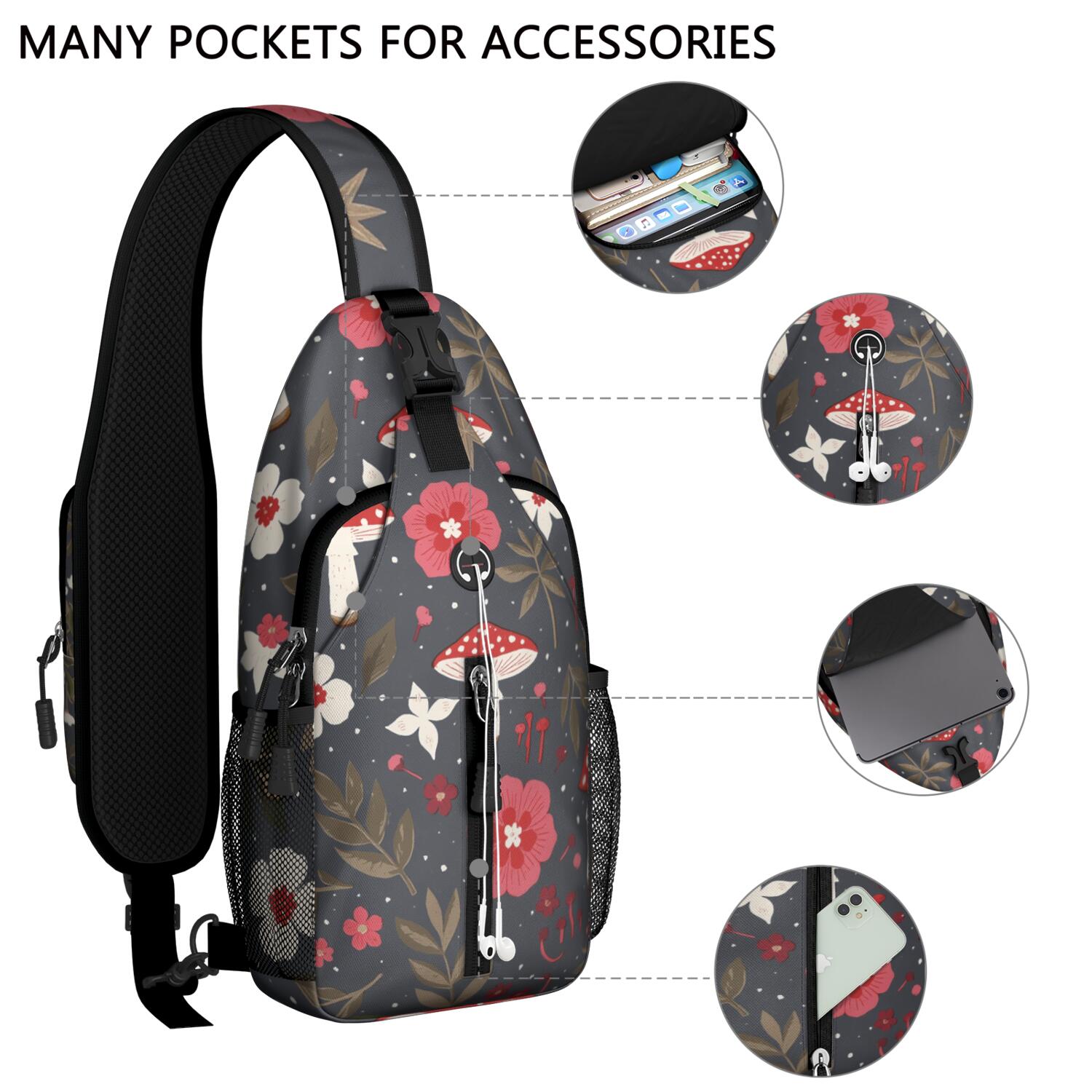 Chest Bag Crossbody Shoulder Bag Crossbody Shoulder BagHiking Sling Backpack for Men Women Travelers Mushroom