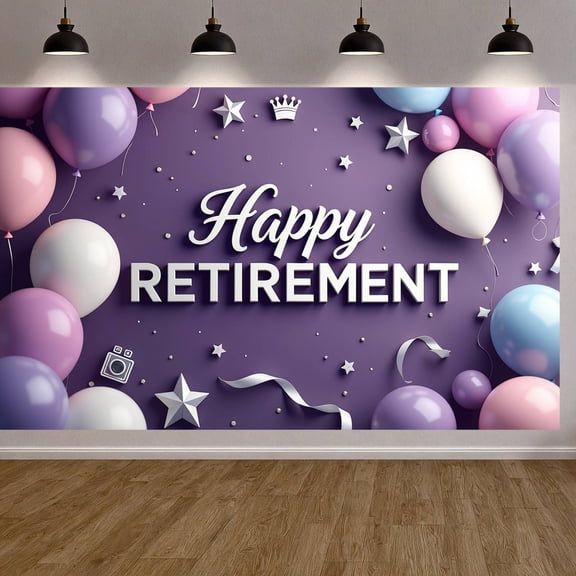 Purple Themed Happy Retirement Banner Pink Balloon Decorated Retirement Backdrop Silver Stars Glitter Dots Celebration Background for Retiree Celebration Indoor Party Retirement Gathering