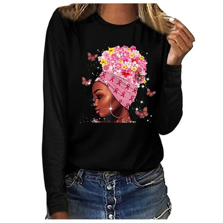 

Women Breast Cancer Pink Ribbon Sweatshirt Long Sleeve Printed Pullover Crewneck Casual Loose Shirt Fashion Long Sleeve Comfy Tunic Blouse Top for Ladies
