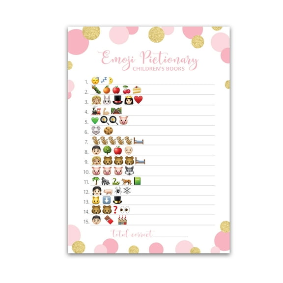 Pink and Gold Polka Dot Baby Shower Game — 25 Guests- Polka Dots Emoticon Pictionary Children's Book Baby Shower Games, Confetti Emoticons Games, Couples Coed, Shower, Baby Girl Shower Games G810-EMJ