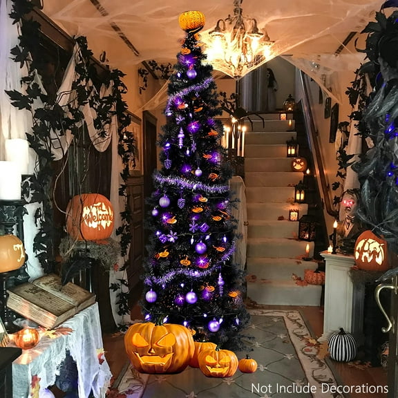 7.5 Feet Halloween Christmas Tree with 1000 Tips, Artificial Black Collapsible Pencil Christmas Trees with Solid Metal Legs for Indoor and Outdoor Use, Pencil-Shaped Halloween Decorations, SS1498
