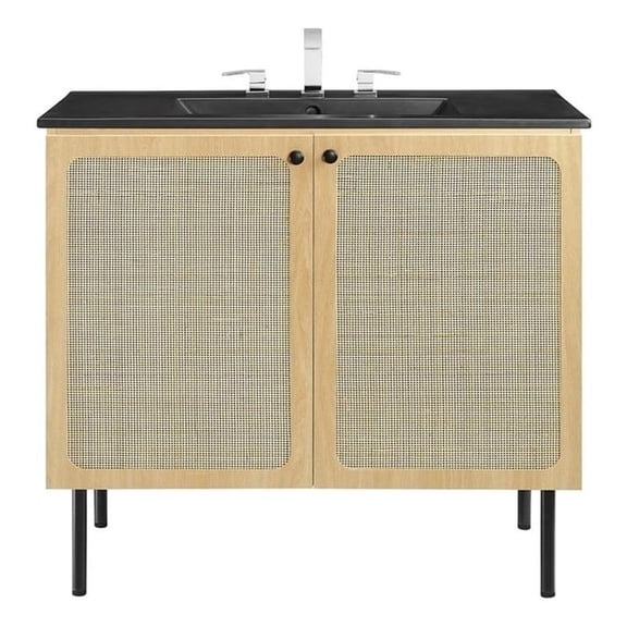 Modway Chaucer 48" Wood & Rattan Bathroom Vanity Cabinet in Black/Oak