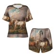 thumbnail image 2 of Yiaed Three Horses Oil Painting Print Short Sleeve Pajama Sets for Women Casual Crew Neck 2 Piece Lounge Sets Women's Short-Sleeved Pajama-Large, 2 of 5