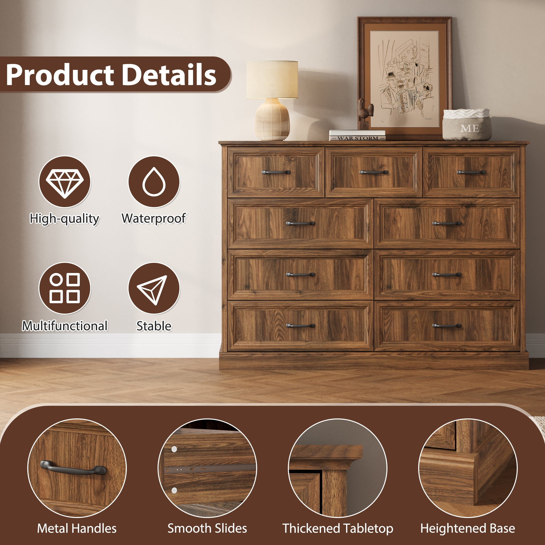 YouTrend Rustic 9-Drawer Wood Dresser, Large Storage Chest Organizer with Metal Handles for Bedroom, Living Room, Farmhouse Style Furniture,Brown
