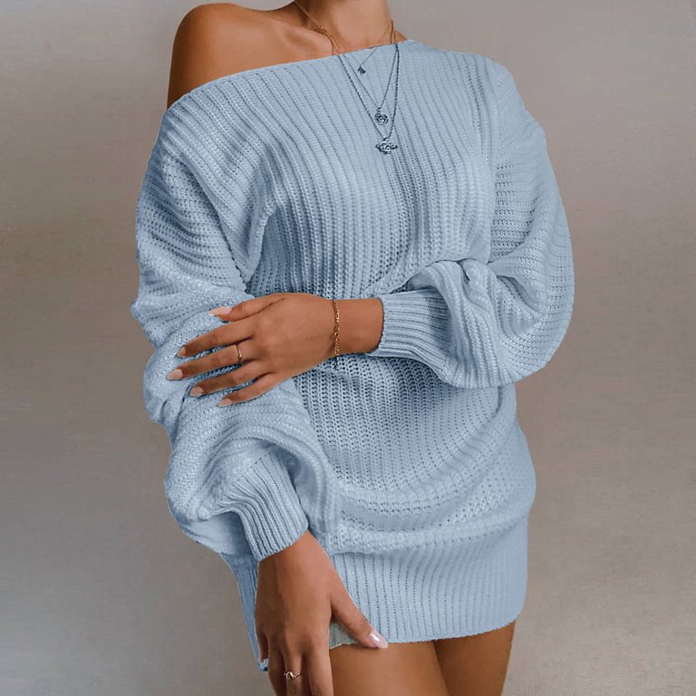 SMihono Fashion Off The Shoulder Sweater Dress Spring Dress Winter Dress  for Women Cable Crochet Knitted Jumper Sweater Light Blue 4 - Walmart.com