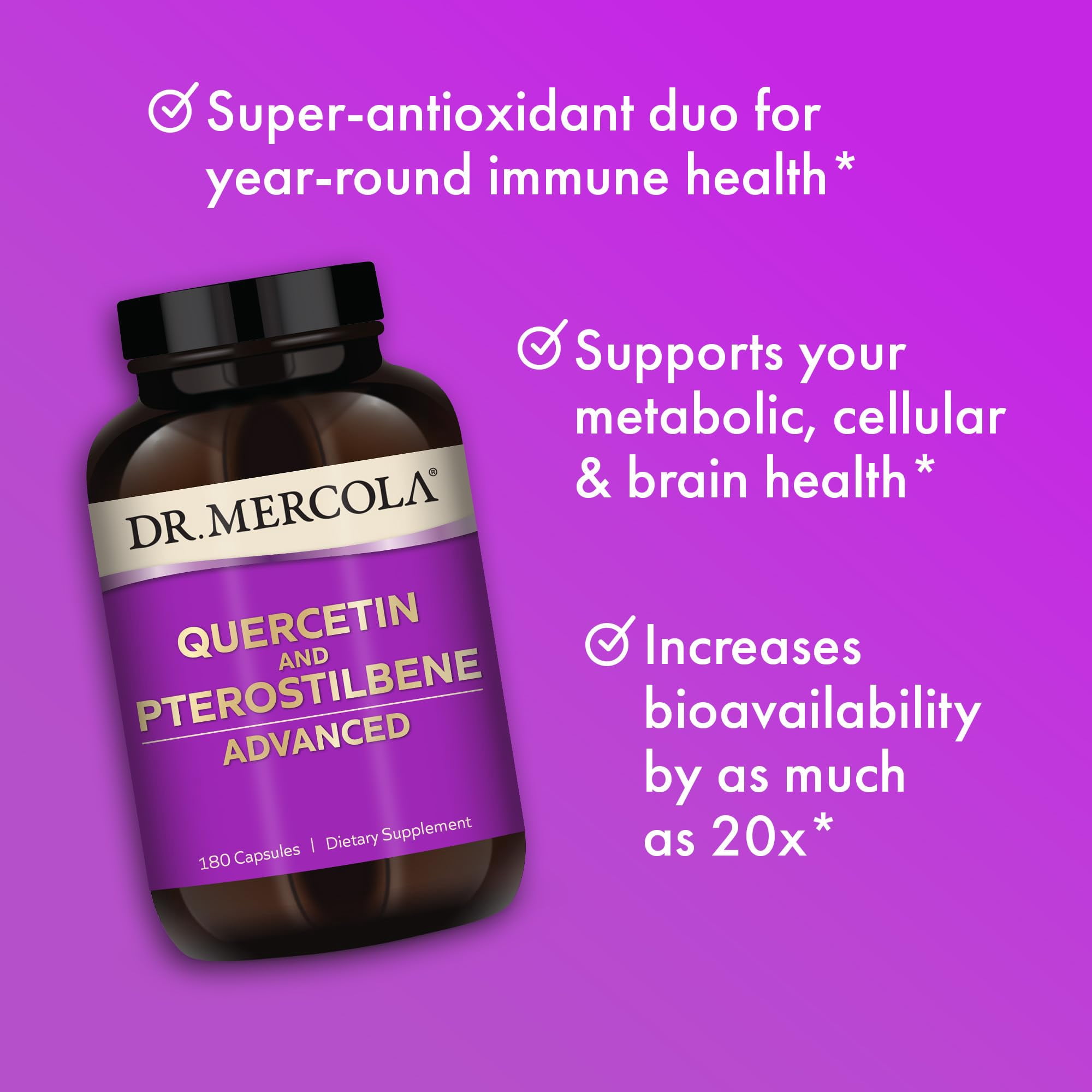 Dr. Mercola Quercetin & Pterostilbene Advanced, 90 Servings (180 Capsules), non GMO, Gluten Free, Soy Free