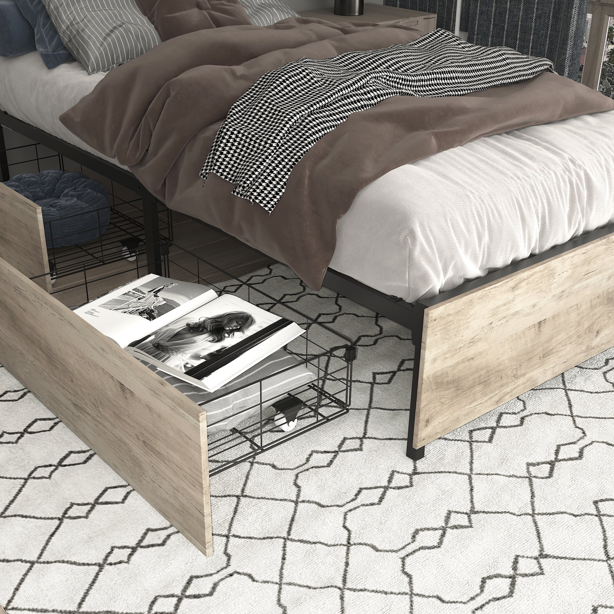 Miniyam Twin Size Bed with Storage Headboard, Charging Station for Teens, Gray