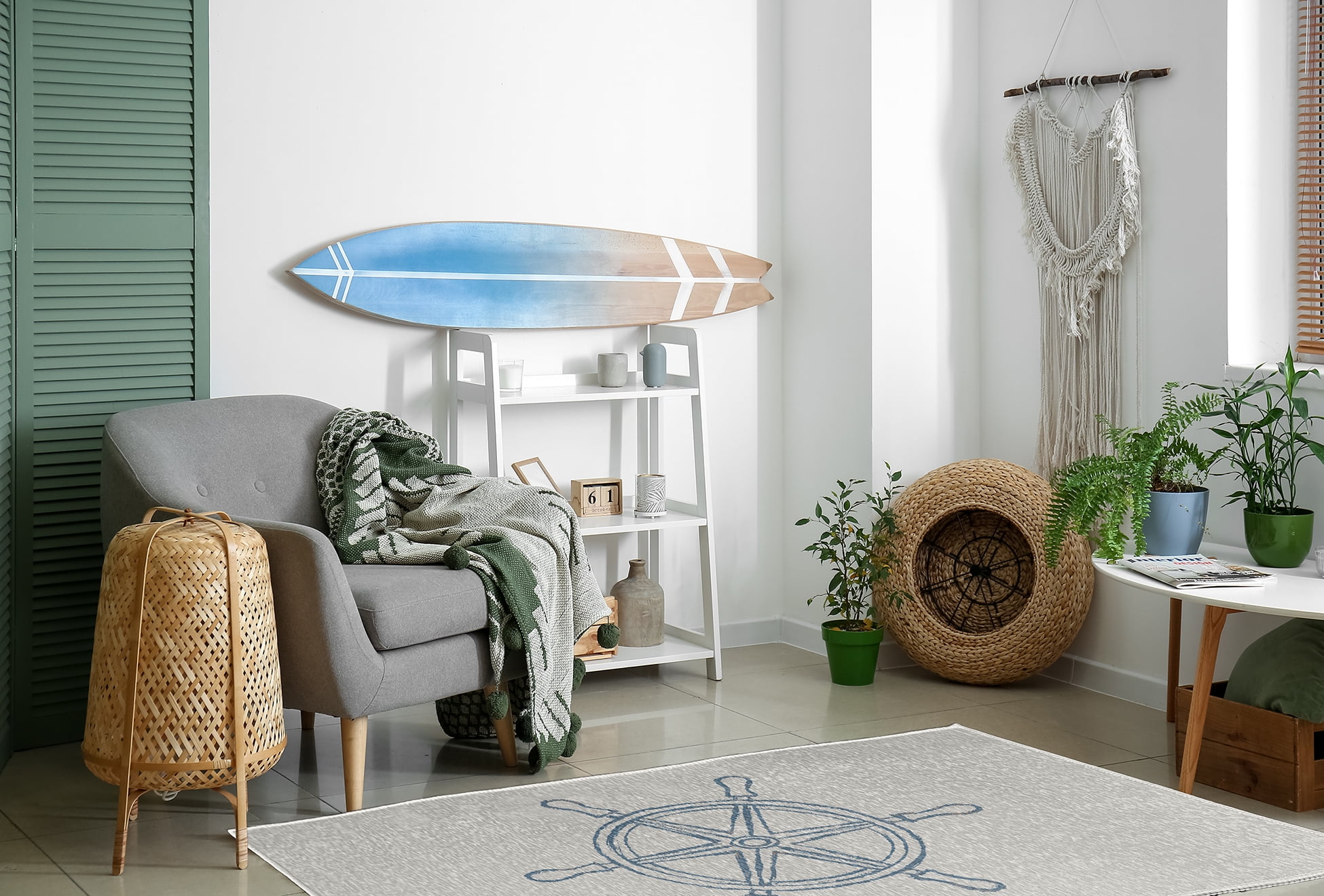 Simply Daisy 4' x 6' Large Ship Wheel Nautical Chenille Rug, Dusty Smoke