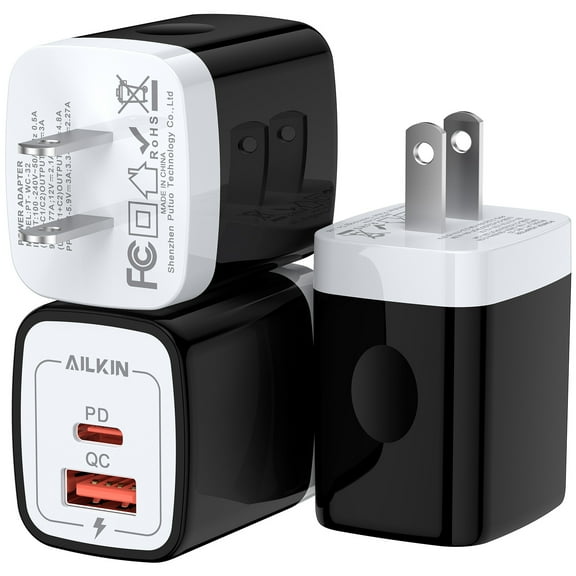 AILKIN USB C Charger,3 Pack 20W Dual Port PD USB A Fast Wall Charger Block Fast Charging Plug USB C Charger Adapter,Black