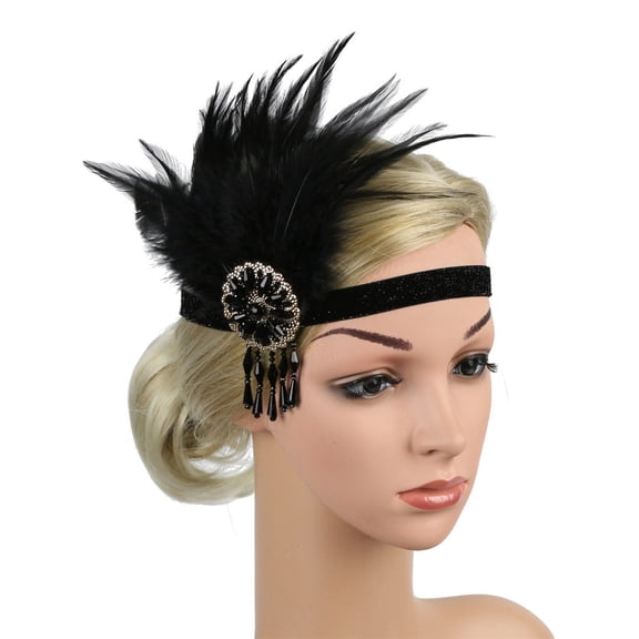 Gymayou Black 1920s Flapper Feather Headpiece Rhinestone Pearl Beaded Headband Hair Accessories Multicolor