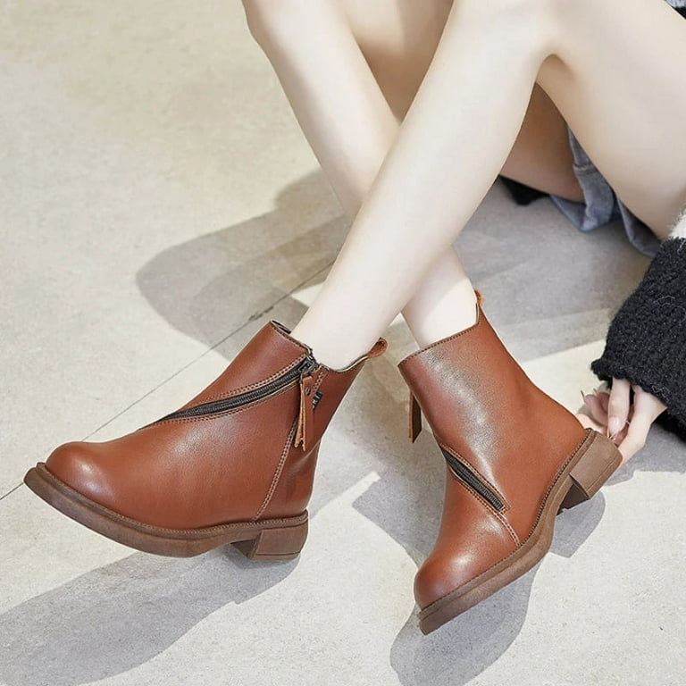 Woman Short Boots Fashion Designer Oblique Zipper PU Leather Ankle Boots Women Casual Walking Chunky Shoes Walmart