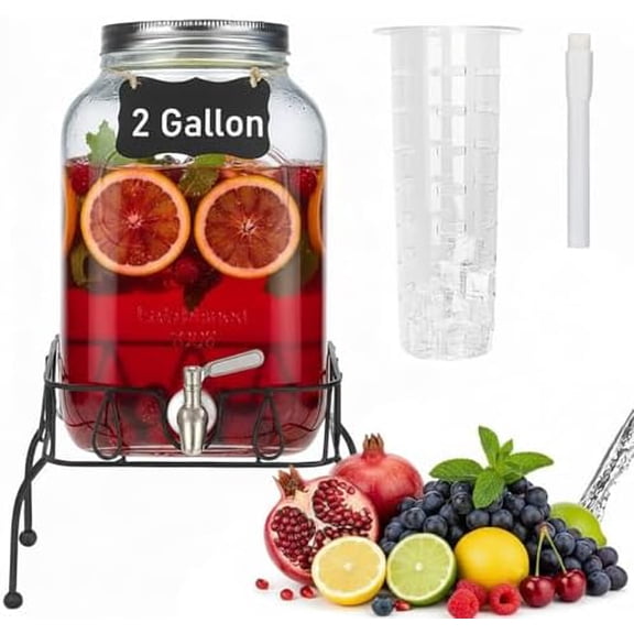 2 Gallon Glass Drink Dispenser with Stand, Ice Cylinder,Stainless Steel Leakproof Spigot and Lid,Glass Beverage Dispenser for Parties,Mason Jar Drink Dispenser for Juice,Sun Tea,Water,Lemonade & More
