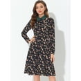 thumbnail image 3 of INSPIRE CHIC Vestido hasta la rodilla de manga larga con cinturón y cuello en contraste floral para mujer Negro XL, 3 of 4