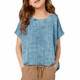 thumbnail image 4 of TIREOW Cotton Linen Tops for Girls Oversized Summer Boho Short Sleeve Shirts Teen Kids Plain Loose Lightweight Beach Blouse (Light Blue, 7-8 Years), 4 of 7