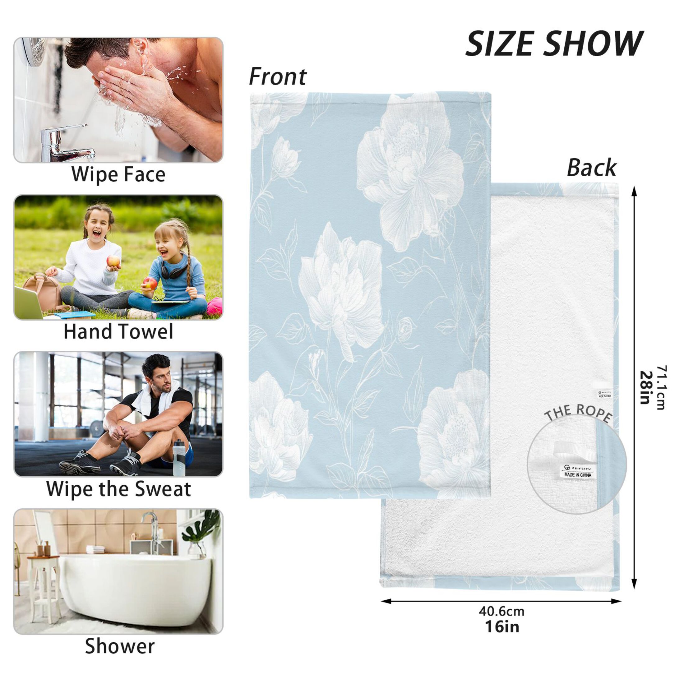 Cotton Towel Two-Piece 16x28 Inch One Sizex2 Face Towel Set Towel Set Cotton Hand Bath Towel Bathroom Beach Pretty Blue White Flowers
