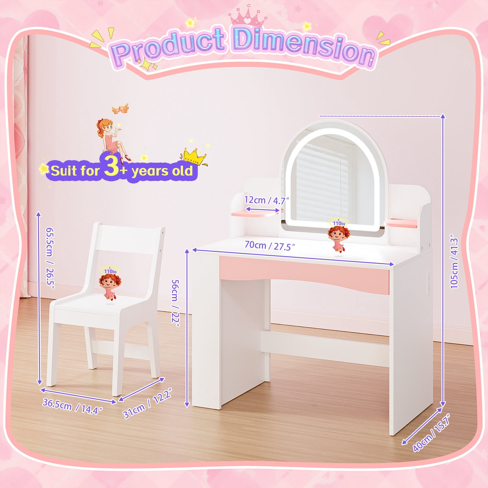 Haewon 27.5" Kids White Vanity with Lighted Mirror & Charging Station, Kids Vanity Table and Chair Set with Storage Cabinet & Drawers, Vanity for Kids, White