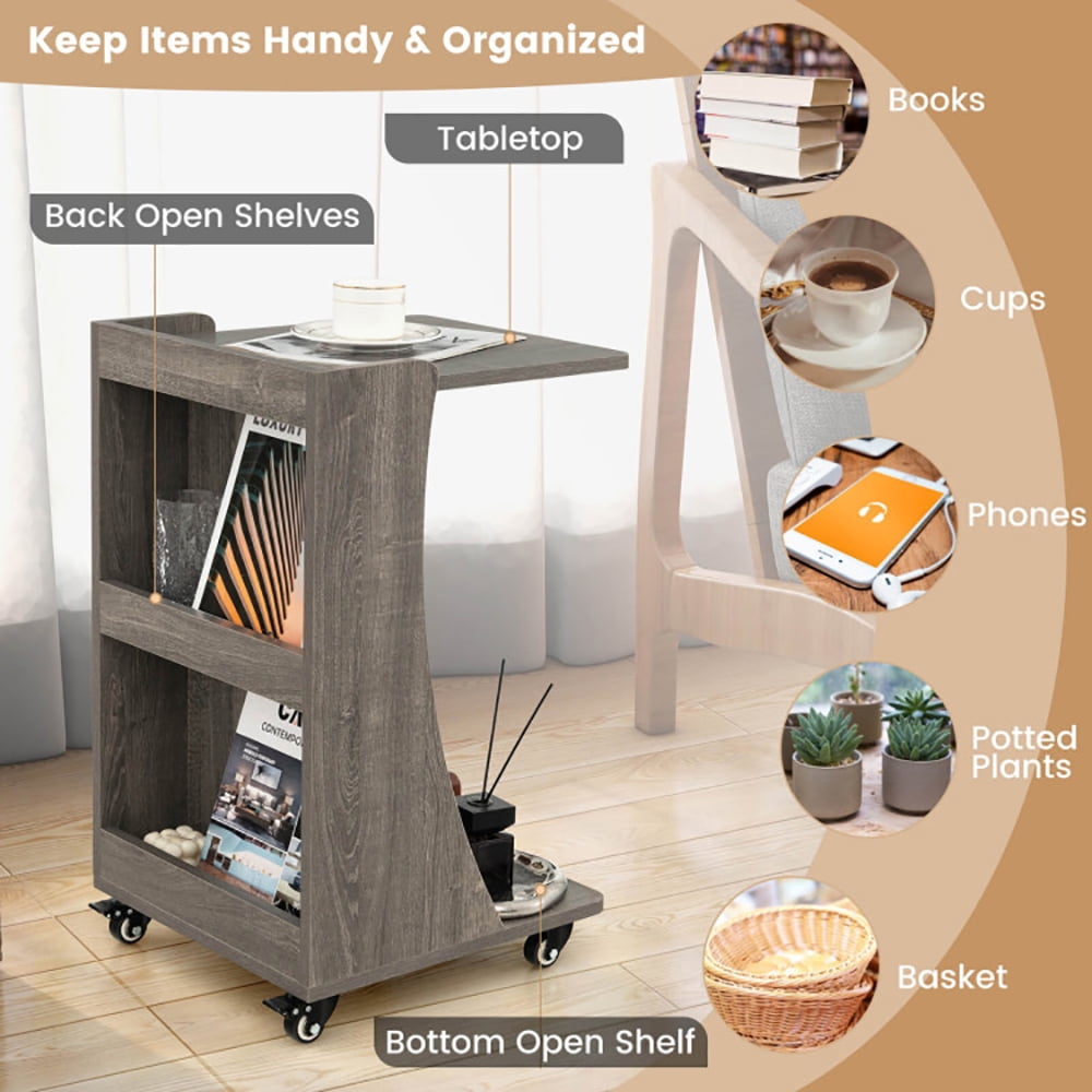 Finihen End Table, C-shaped Rolling End Side with Back Storage Shelves beside Sofa, Sofa Side Table, Bed Side Table, for Living Room, Bedroom, Gray Finihen End Table, C-shaped Rolling End Side with Back Storage Shelves beside Sofa, Sofa Side Table, Bed Side Table, for Living Room, Bedroom, Gray