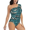thumbnail image 3 of Salouo Modern Excavator Pattern One Shoulder Ruffled One Piece Swimsuit for Women V Neck Swimwear Tummy Control Bathing Suit-Large, 3 of 6