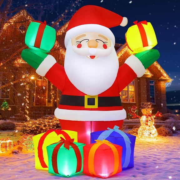 6 FT Christmas Santa Inflatables Outdoor Decorations Smiling Santa Claus with Present Boxes Blow Up Yard with Built-in LEDs for Outdoor Christmas Party Yard Garden Lawn Decoration