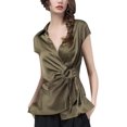 thumbnail image 1 of Women's Spring/Summer Long-Sleeve Satin Top – Slimming Solid-Color Shirt with Lace-Up and Crossover Design, 1 of 7