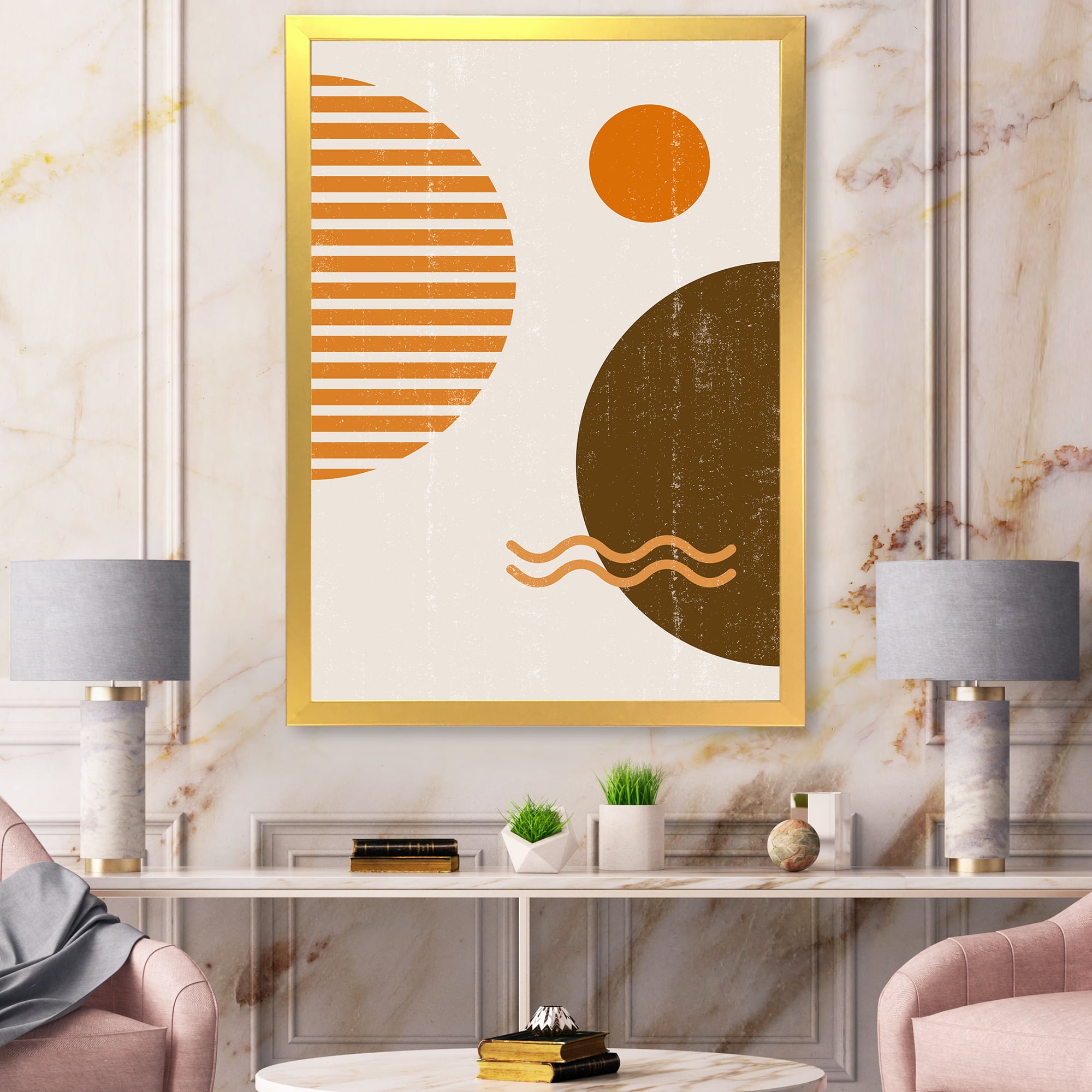 Designart 'Abstract Minimal Moon and Sun In Earth Tones III' Modern Framed Art Print