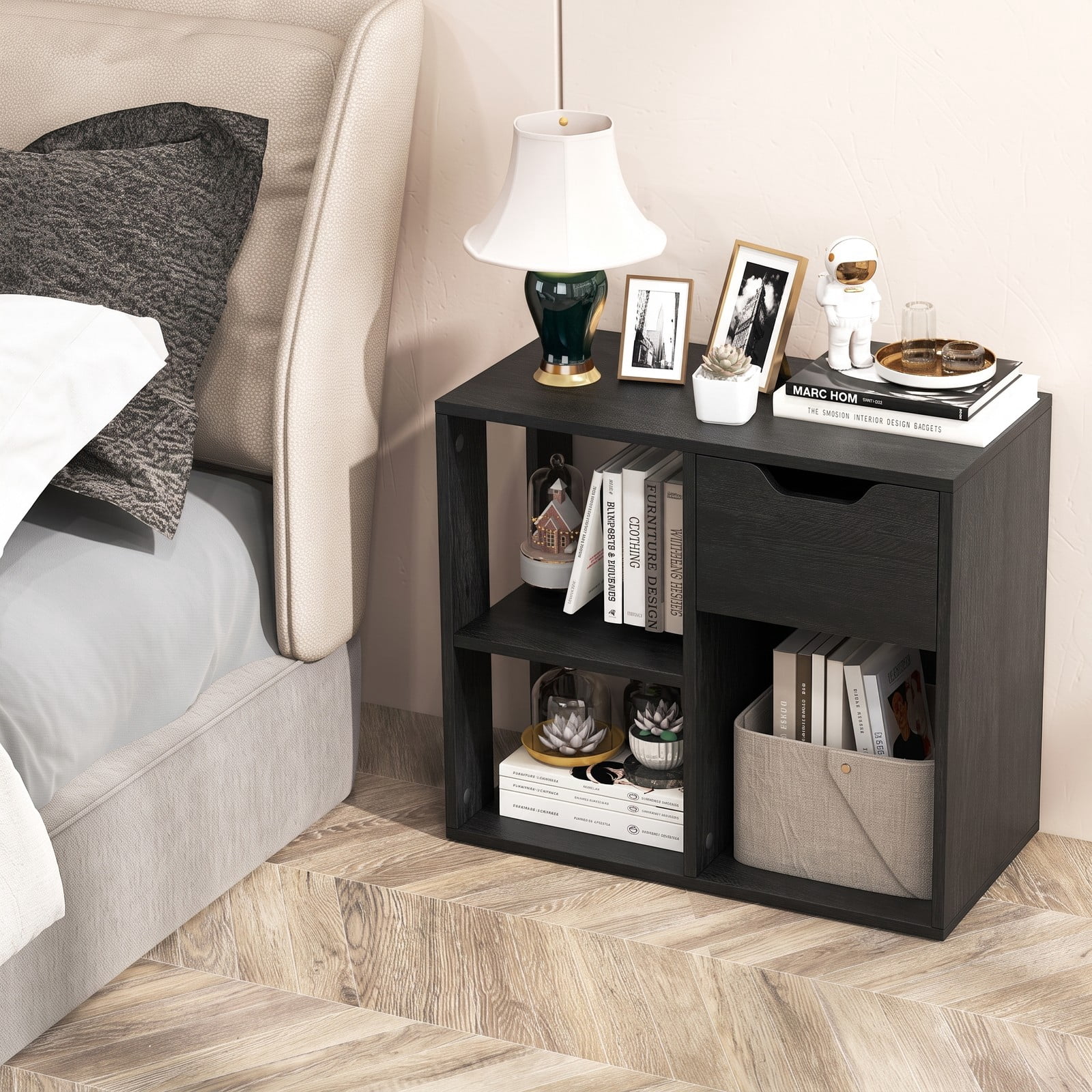Furnibear 3-Cube Bookcase with Drawer, 2-Tier Wooden Storage Shelf Organizer, Freestanding Display Bookshelf for Living Room Bedroom Home Office, Engineered Wood, Black